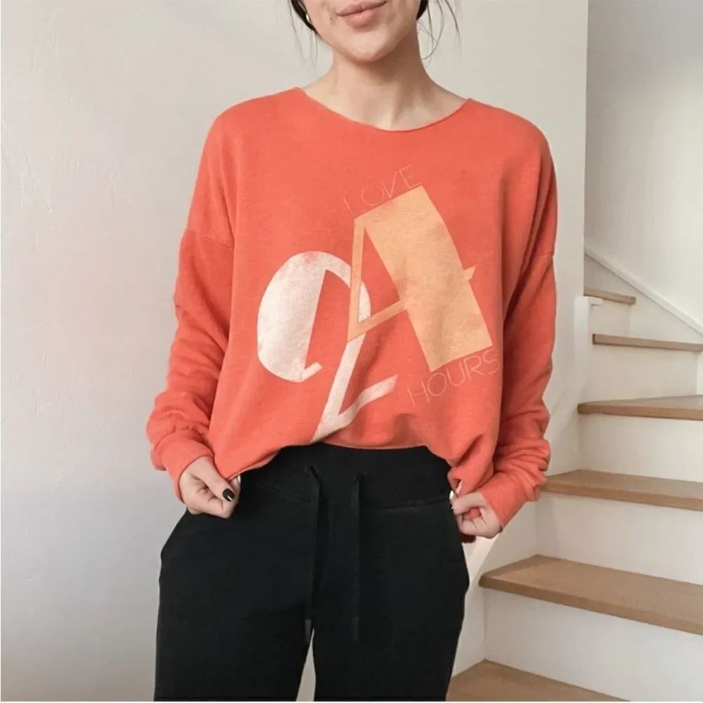 Wildfox 24 Hours Orange Graphic Distressed Raw Hem Design Pullover Sweatshirt